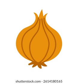 A cartoon drawing of a large orange onion. The onion is drawn in a stylized way, with a pointed top and a stem. The drawing is bright and cheerful, with a sense of playfulness