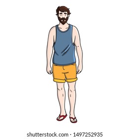 Cartoon drawing of a man with blue tank top, yellow pants and red flip flop. beard.