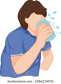 Cartoon drawing of man holding glass of water with shaking hands. Concept of Parkinson's disease and tremors. vector illusration.