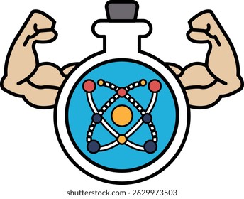 Um desenho animado de um homem com um braço musculoso segurando uma garrafa de vidro com um desenho azul e branco sobre ele. A garrafa está rotulada com a palavra "ciência" e o braço do homem está segurando-a