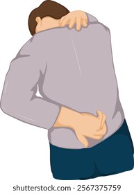 A cartoon drawing of a man with a problem with his posture and body structure. He has neck and back pain, so he massages his neck and shoulders to relieve muscle tension.vector illustration.