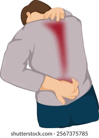 A cartoon drawing of a man with a problem with his posture and body structure. He has neck and back pain, so he massages his neck and shoulders to relieve muscle tension.vector illustration.