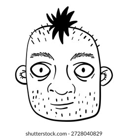 Cartoon drawing of a man with a shaved head and a beard. The man has a surprised expression on his face