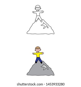 cartoon drawing of a man standing on the top of a mountain