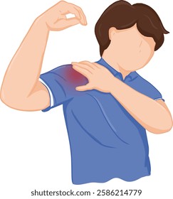 Cartoon drawing of a man suffering from frozen shoulder, pain and stiffness, unable to move, difficult to lift his arm. Man with tendonitis or injury in his shoulder. Health care, medical concept. 