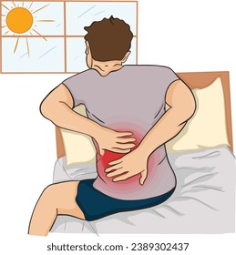 Cartoon drawing of a man suffering from lower back pain, hurting muscles and nerves after wakeup in the morning sitting in bed. vector illustration.