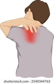 Cartoon drawing of a man suffering from neck pain extending to his shoulders, office syndrome.vector illustration.