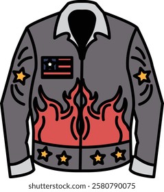 A cartoon drawing of a man's jacket with flames on it. The jacket has a patch with the American flag on it