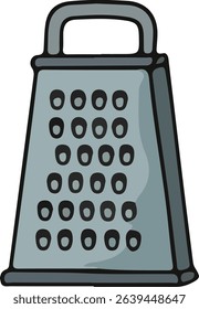 A cartoon drawing of a metal box grater with a handle and holes in a grid pattern.