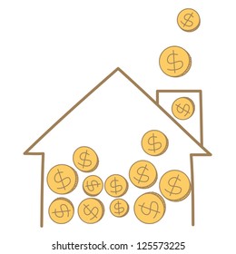 cartoon drawing of money coin falling on house frame
