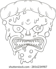 A cartoon drawing of a monstrous pizza slice with a face, sharp teeth, and dripping cheese.