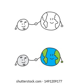cartoon drawing of the Moon and the Earth