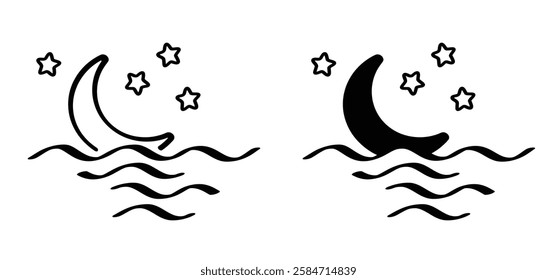 Cartoon drawing moon or moonlight and stars. Night starry sky with moon and water. Weather tools. Water, sea surface. Downwards or upwards wave logo. Crescent moon with star icon.