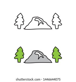 cartoon drawing of a mountain and pine trees