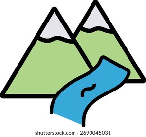 Un dibujo de dibujos animados de montañas con un río