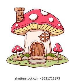 Cartoon drawing of a mushroom house with a door and a window. The house has a chimney