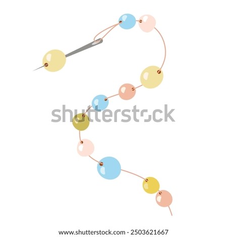  Cartoon drawing of a needle with beads strung on thread. Hobby and handmade concept.