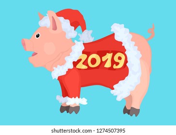 cartoon drawing. New Year's piglet dressed in a fur coat. stock image vector