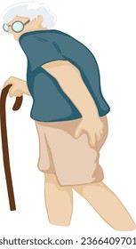 Cartoon drawing of an old man with bone pain from his back to his hips, old age disease, herniated discs, osteoporosis.vector illustration