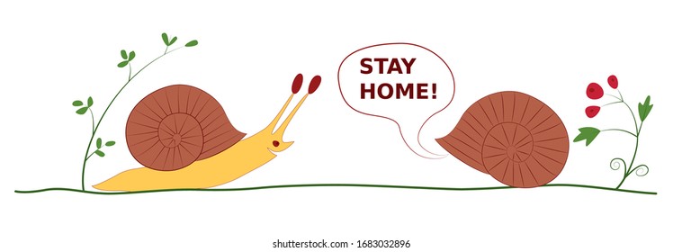 Cartoon drawing on the topic of quarantine. The meeting of two snails. One is hiding in the house, so as not to get infected. Text Stay home. Safety education for children. Vector illustration
