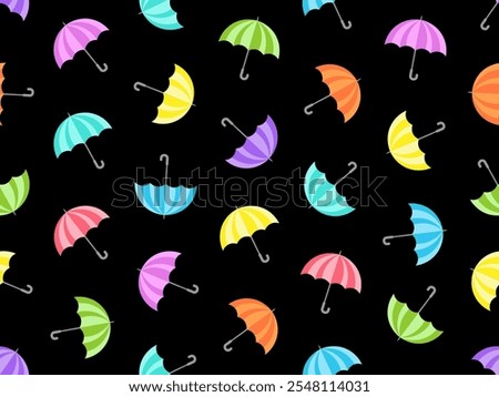 Cartoon drawing of open umbrellas seamless pattern clip art design in various colors on black background, device to shield from rain or sun heat, doodle vector illustration.