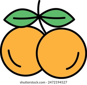 A cartoon drawing of an orange with a green leaf on top. The orange is shown in a stylized way, with a focus on its shape and color