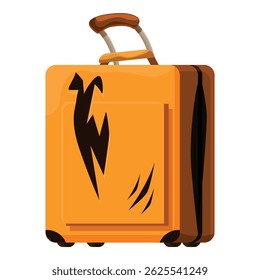 Cartoon drawing of an orange suitcase with scratches, a lightning bolt design, and a brown handle