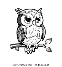 A cartoon drawing of an owl perched on a branch, isolated on a white background. The owl is a nocturnal bird of prey. The drawing is in black and white.