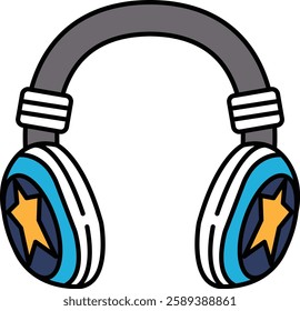 A cartoon drawing of a pair of headphones with stars on them. The headphones are blue and white