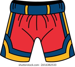 A cartoon drawing of a pair of red shorts. The shorts are blue and yellow. The shorts are drawn in a cartoon style