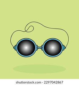 A cartoon drawing of a pair of sunglasses with a black frame and black lenses