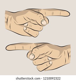 Cartoon drawing of a palm with a forefinger exposed.Right and left hands. Finger pointing to the side