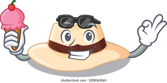 A cartoon drawing of panama hat holding cone ice cream