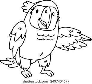 A cartoon drawing of a parrot with a big smile on its face. The parrot is standing on two legs and has its wings spread out. The drawing is in black and white and has a playful and cheerful mood