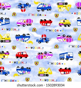 cartoon drawing patterns of several types of vehicles and men riding them, vector illustrations, suitable for printing designs