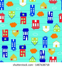 cartoon drawing patterns of some shapes of buildings, clouds as ornaments, vector illustrations, regular horizontal dotted lines repeated as background