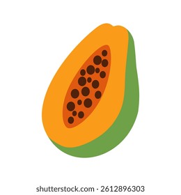 A cartoon drawing of a peeled orange with a green stem. The orange is sliced open and the seeds are visible