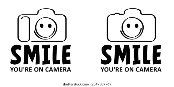 Cartoon drawing photo camera and smile. Smile, You're on camera or You're on dash cam. Take photo and smile. Photocamera icon.  For Photography flash concept. Happy face.