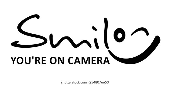 Cartoon drawing photo camera and smile. Smile, You're on camera or You're on dash cam. Take photo and smile. Photocamera icon.  For Photography flash concept. Happy face.