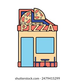 A cartoon drawing of a pizza building with a blue and white sign that says Pizza