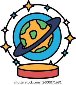 A cartoon drawing of a planet with a blue and green circle around it. The planet is surrounded by stars and the background is white