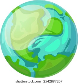 Dibujo de dibujos animados del planeta Tierra está girando, mostrando continentes verdes y océanos azules, promoviendo la conciencia ambiental y los esfuerzos de conservación global