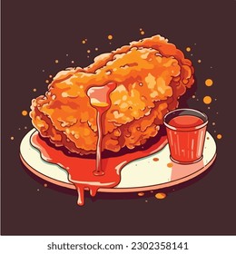 A cartoon drawing of a plate of fried chicken with sauces.