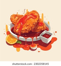 A cartoon drawing of a plate of fried chicken with sauces. svg