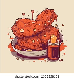 A cartoon drawing of a plate of fried chicken with sauces.