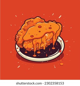 A cartoon drawing of a plate of fried chicken with sauces.