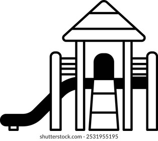 Um desenho animado de um parque infantil com um slide e uma casa