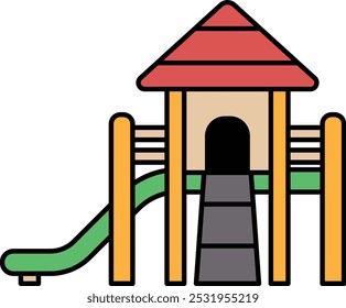 A cartoon drawing of a playground with a slide and a house. The house has a red roof and a green door