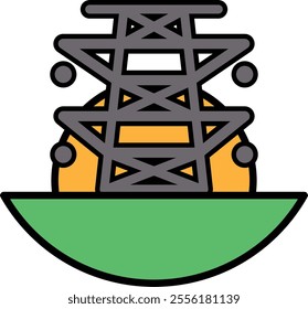 A cartoon drawing of a power station with a green background. The drawing is simple and clean, with a focus on the power station itself