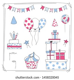 Cartoon drawing with present boxes, cakes, balloons pink and blue colors.  Baby shower  party to determine the  of the child boy or girl.